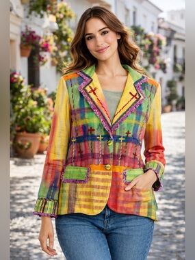 Parsley & Sage Multicolor Patchwork Blazer Jacket - Yellow, Green, Pink